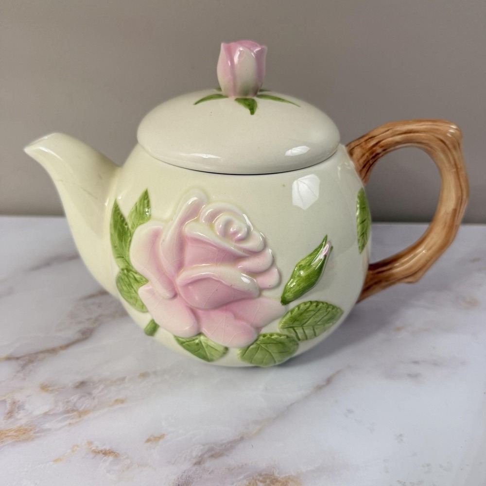Vintage Rose Teapot Ceramic Pink Floral Cottagecore Tea Party Decor